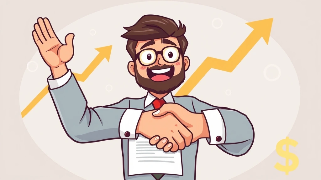Independent professional celebrating successful contract negotiation with handshake, contract document visible, growth arrows and dollar signs in background, uplifting cartoon illustration