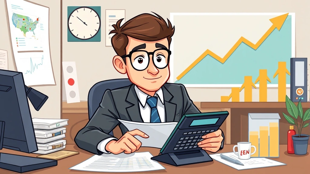 Cartoon independent contractor reviewing financial charts and tax documents with calculator, professional attire, organized desk setup, growth arrows