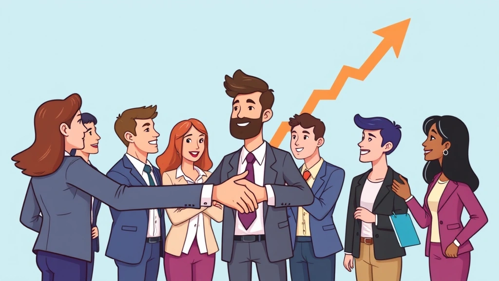 Cartoon business person shaking hands with multiple clients simultaneously, diverse group, networking, growth arrows, success indicators, collaborative atmosphere