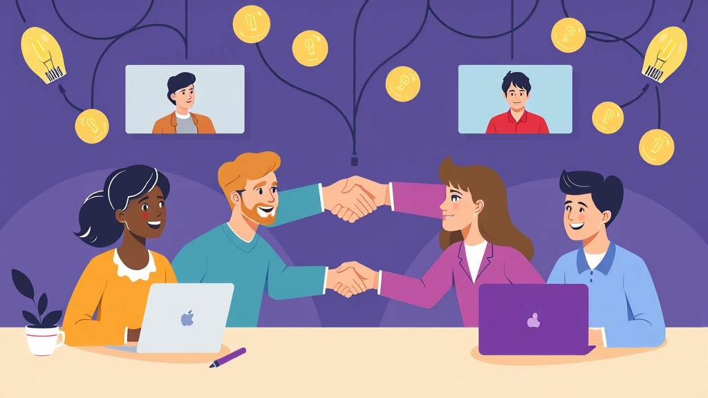 Cartoon diverse freelancers collaborating remotely, video call screens, handshake, network connections, lightbulbs, representing community and professional growth in gig economy