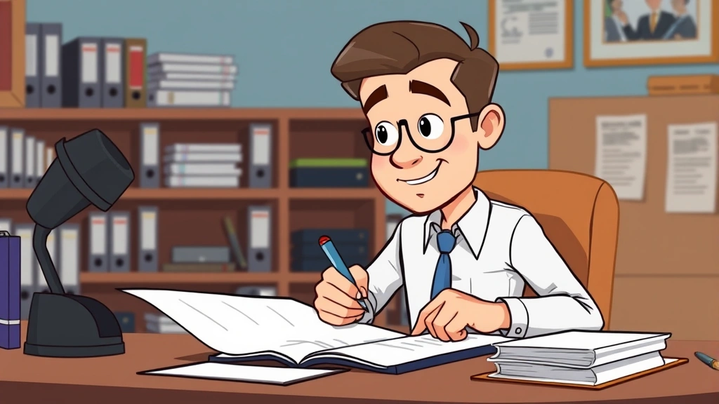 Man reviewing contract documents and business agreement with pen, organized desk with filing system, confident expression, professional cartoon style