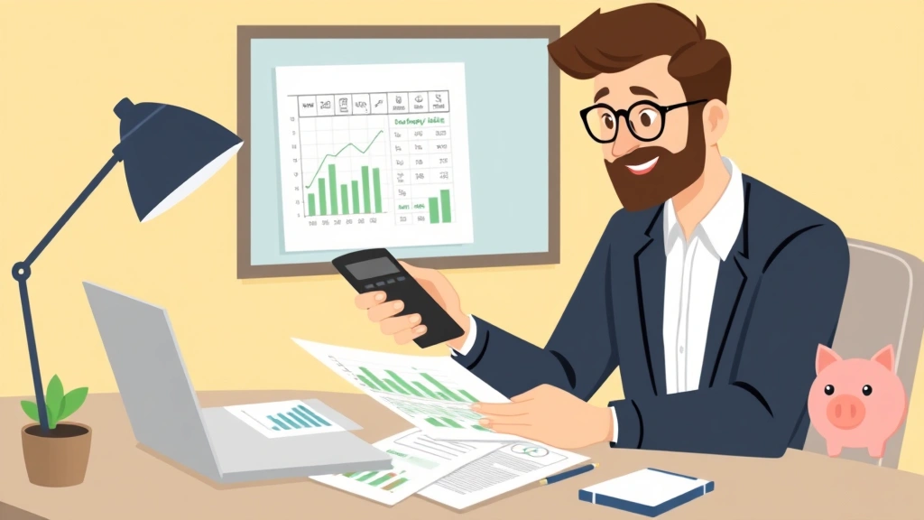 Man reviewing financial documents and calculator, spreadsheet on laptop showing income charts, piggy bank nearby, professional cartoon illustration with friendly aesthetic