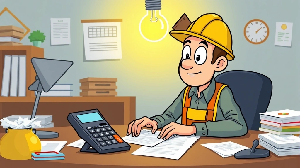 Cartoon contractor calculating taxes and finances with calculator, spreadsheet, and tax documents, lightbulb above head, organized desk setup, focused expression