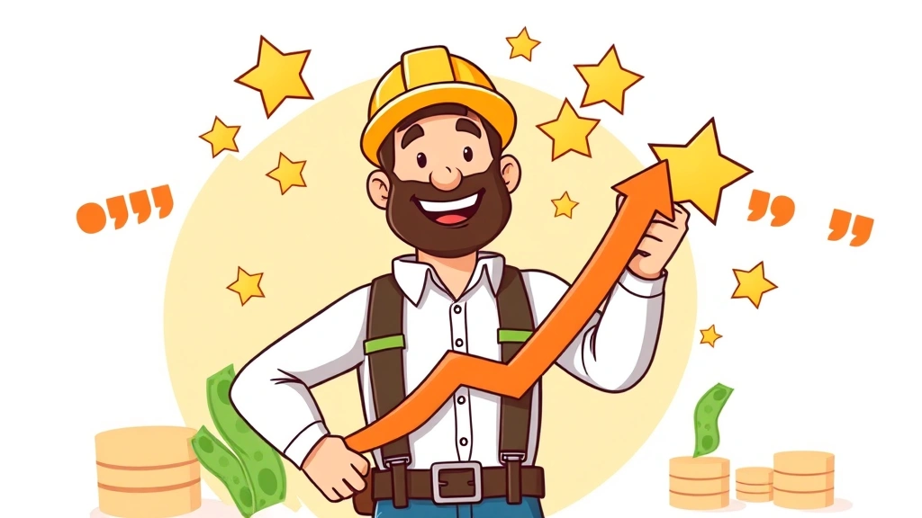 Contractor celebrating success with growth chart showing upward trend, surrounded by money symbols and client testimonial stars, confident pose, bright optimistic colors, cartoon style
