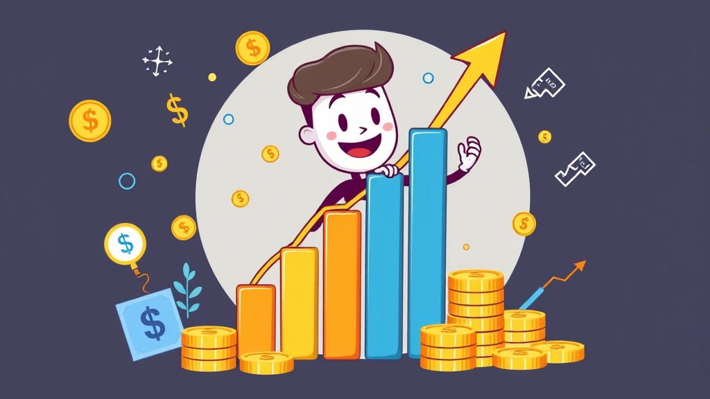 Cartoon character holding growing bar chart with dollar signs, climbing upward arrow, surrounded by multiplying coins and business growth symbols