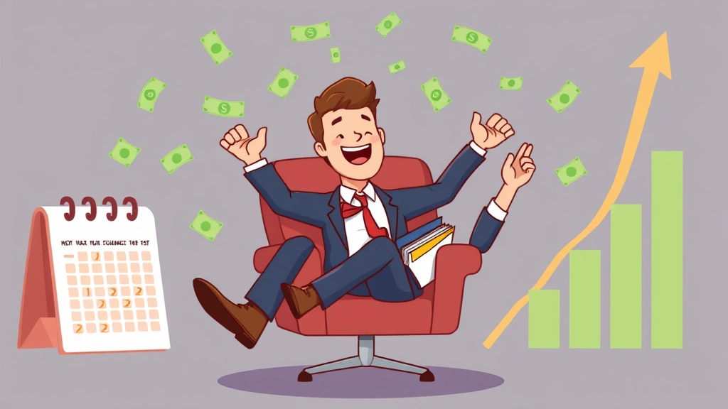 Cartoon business owner relaxing on chair with feet up, surrounded by floating money, calendar showing flexible schedule, and growth chart pointing upward, symbolizing freedom and success