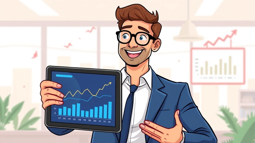 Successful business owner reviewing financial charts and growth metrics on tablet, celebrating achievement, cartoon style illustration