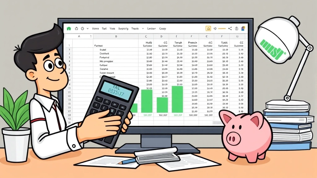 Cartoon freelancer organizing finances with calculator, spreadsheet on screen, tax forms, and piggy bank, representing quarterly tax planning and business expense tracking