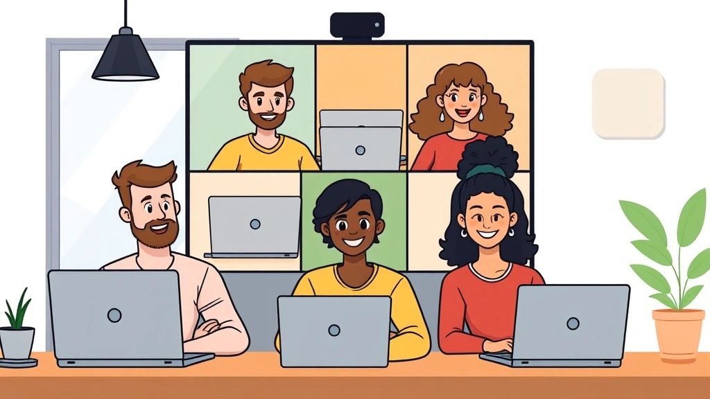 Group of diverse freelancers collaborating virtually on video call, each at their own workspace with laptops, happy and engaged expressions, modern cartoon style