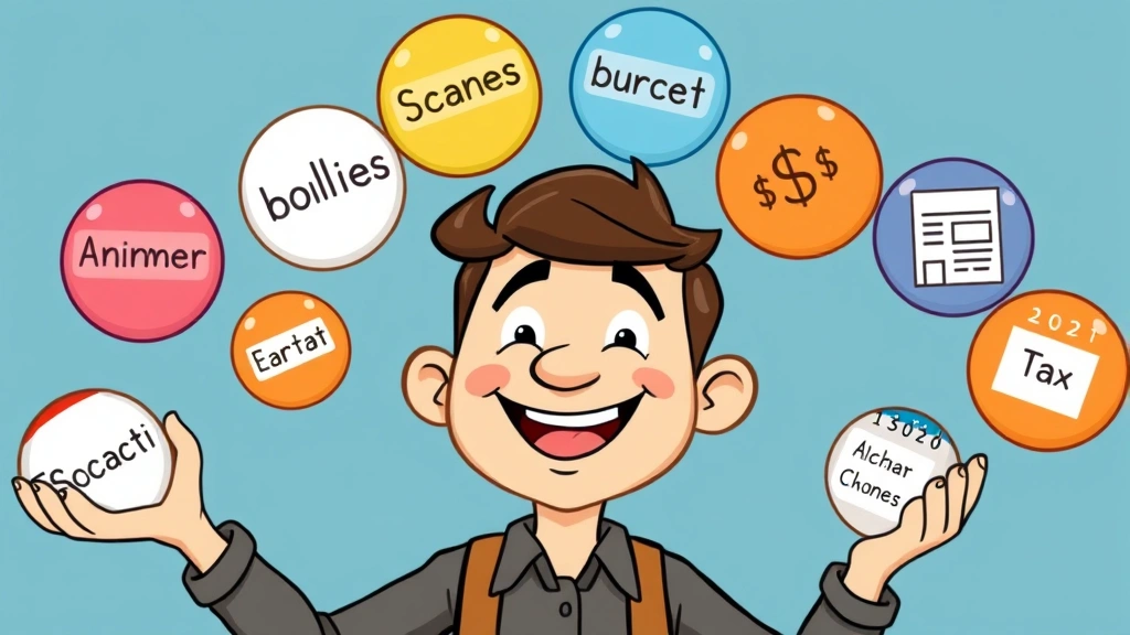 Cartoon contractor juggling multiple colored balls labeled with client names, dollar signs, tax forms, and calendar dates. Smiling face showing balance and organization of freelance business.