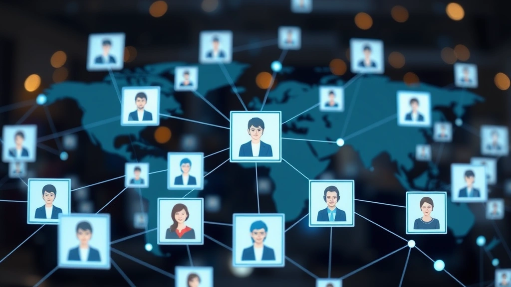 Network of professionals connecting digitally, LinkedIn profiles, relationship building, global contractor community, collaboration visualization