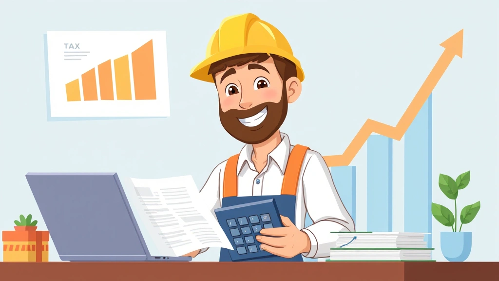 Cartoon independent contractor managing finances, calculator, tax documents, income chart going upward, business growth visualization, confident expression