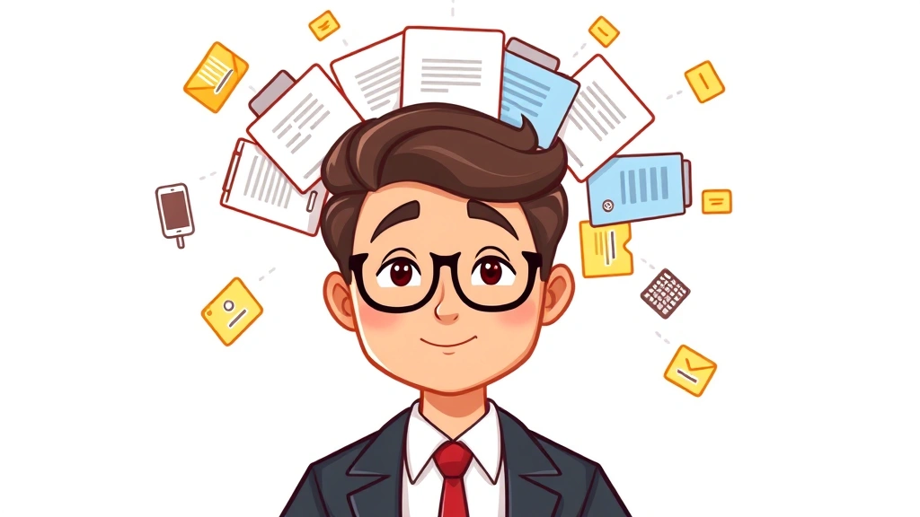 Cartoon professional with multiple client folders floating around head, managing different projects simultaneously, organized and confident expression