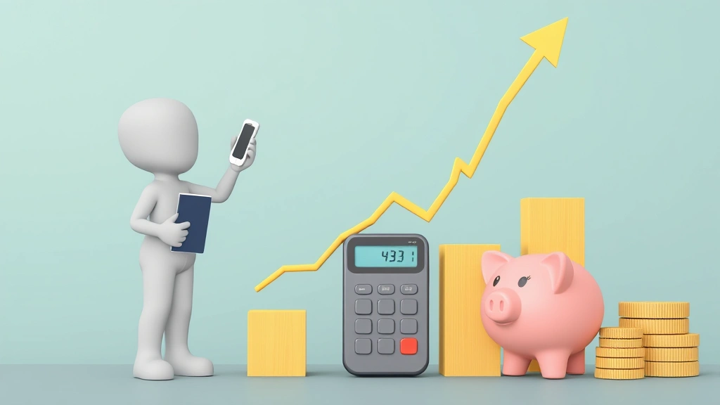 Cartoon figure building financial chart upward, calculator, piggy bank, and growth arrows, representing income growth and financial planning for contractors