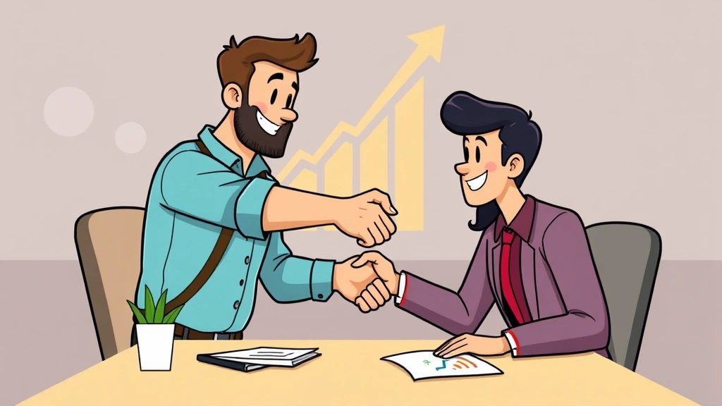 Cartoon contractor shaking hands with client across table, both smiling, with growth chart and success symbols in background, representing thriving business relationship