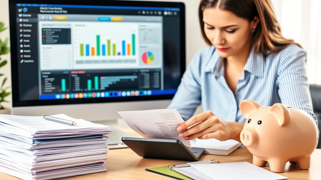 A professional woman organizing finances with calculator, receipts, invoices, and a computer showing accounting software dashboard. Stacks of organized documents and a piggy bank symbolizing savings and tax planning.