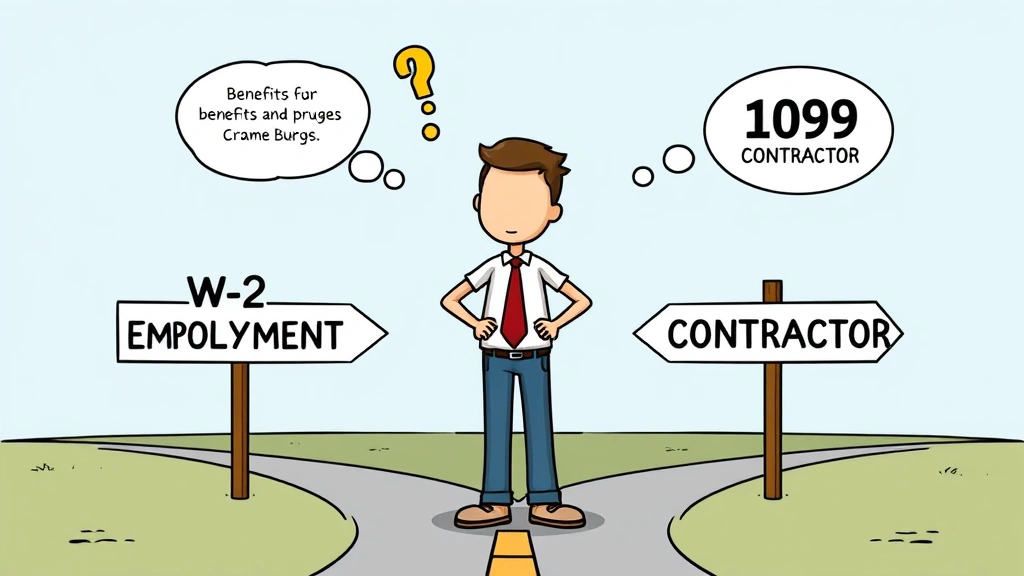 Cartoon figure standing at crossroads with signposts pointing to different directions: 'W-2 Employment' and '1099 Contractor'. Shows decision-making and career transition. Includes thought bubbles with benefits and challenges.