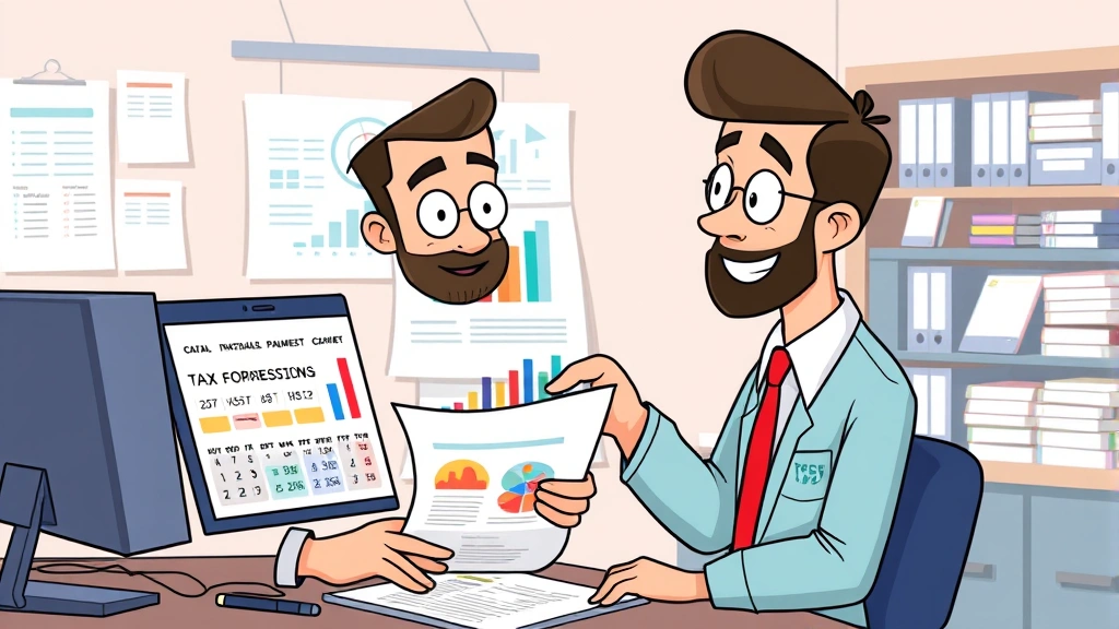 Cartoon accountant or tax professional reviewing colorful tax forms and charts with a contractor client, pointing at quarterly payment calendar, organized filing system visible in background