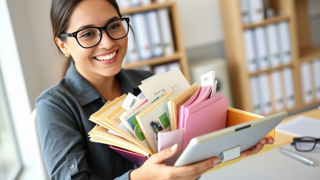 Cheerful business professional organizing colorful expense receipts and financial records into folders and digital accounting system on tablet, representing organized tax preparation and business bookkeeping