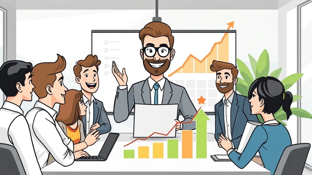 Cartoon successful independent contractor confidently presenting work to diverse group of happy clients in virtual meeting, modern office setting with growth chart showing upward trajectory