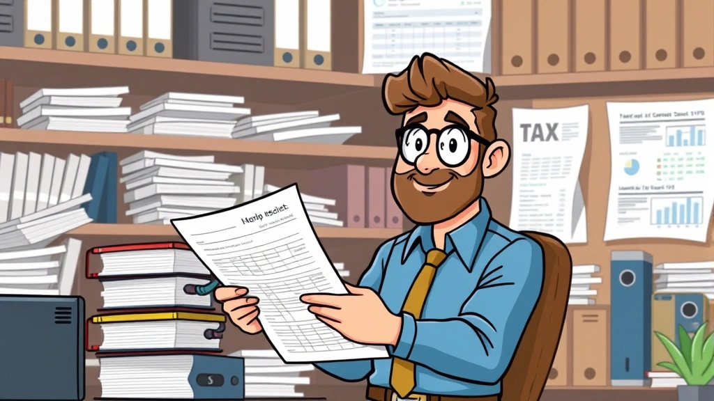 Cartoon business owner confidently reviewing quarterly tax statements and financial reports with organized filing system and accounting ledgers