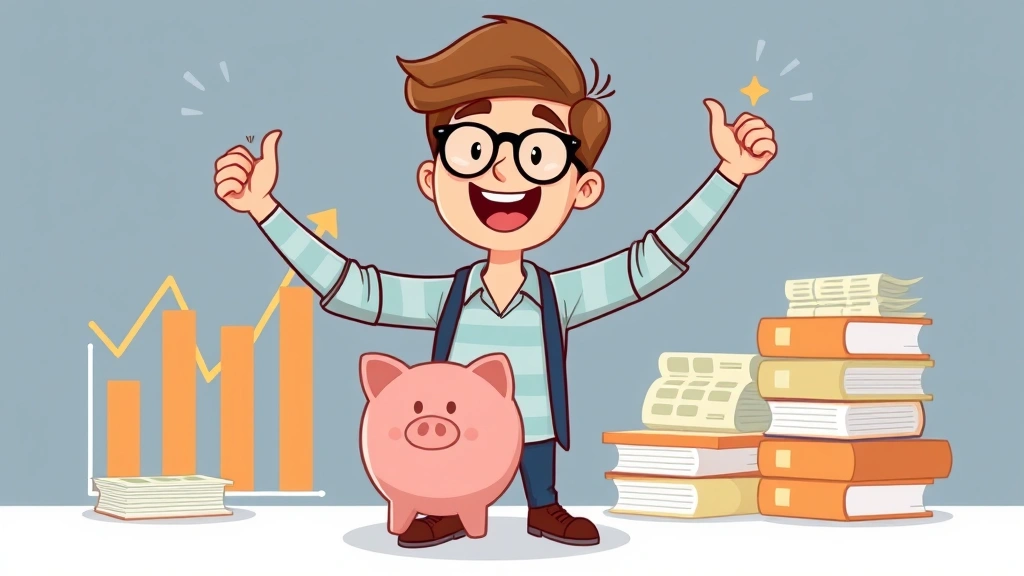 Cartoon freelancer celebrating with upward trending income chart, piggy bank, and tax documents organized neatly, celebrating success and financial growth
