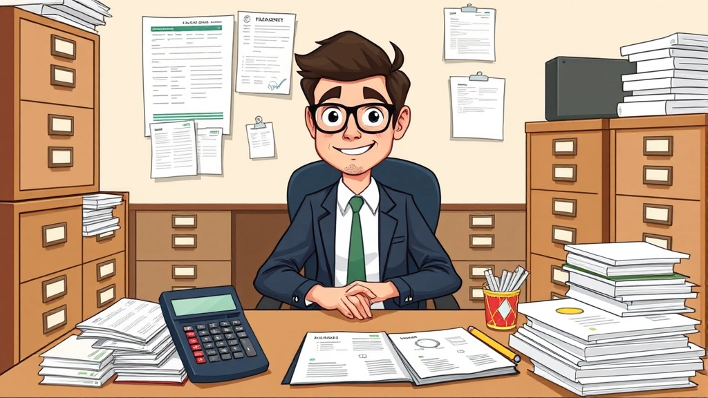 Cartoon business owner at desk surrounded by filing cabinets, tax forms, calculator, and ledgers, representing financial management and tax obligations for independent contractors