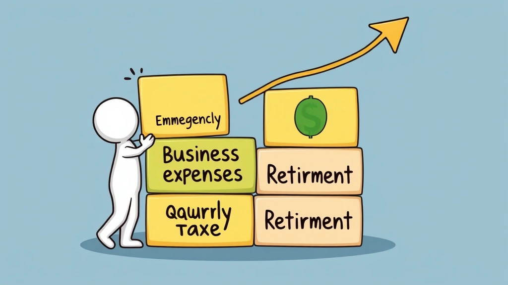 Cartoon figure building financial blocks labeled emergency fund, business expenses, quarterly taxes, and retirement, with upward growth arrow, motivational tone