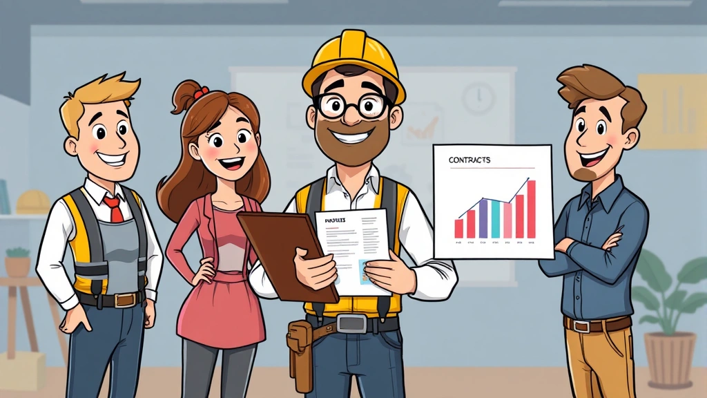 Cartoon contractor professional presenting portfolio and business chart to three different happy clients simultaneously, showing successful contracting relationships