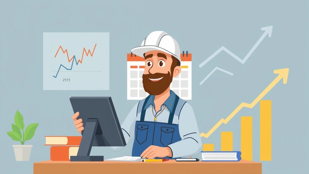 Cartoon contractor reviewing calendar with retainer clients and recurring projects, planning sustainable business growth with charts and upward arrows