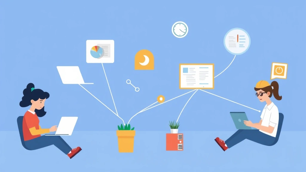 Cartoon illustration of diverse contractor professionals (designer, developer, writer, consultant) working remotely on different devices and projects simultaneously, connected by digital network lines