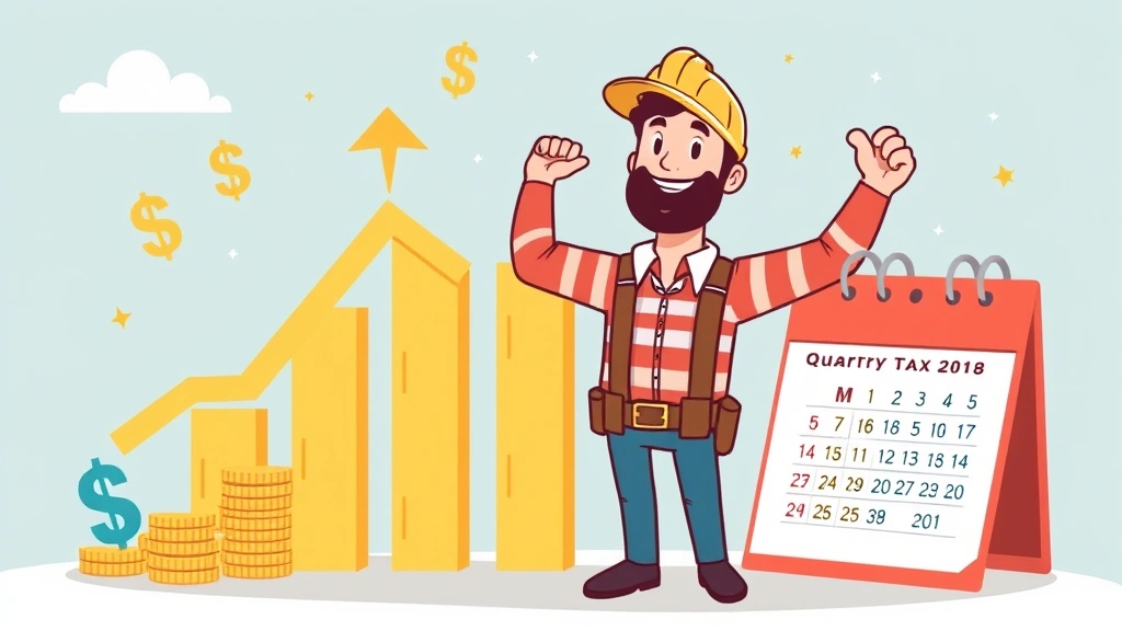 Contractor celebrating success with rising income chart, dollar signs, and calendar showing quarterly tax dates, positive energy, cartoon illustration with financial symbols