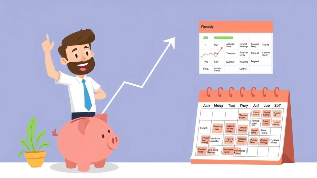 Cartoon freelancer celebrating success with upward trending chart, piggy bank, and calendar showing multiple client projects scheduled throughout the month