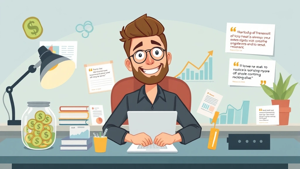 Cartoon illustration of a successful freelancer at a desk surrounded by income streams, savings jar, growth chart, and satisfied client testimonials, looking confident and accomplished