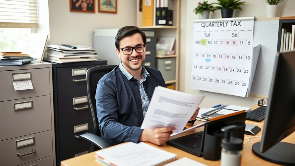 Independent contractor working from home office, surrounded by filing cabinets, receipt organizer, and calendar with quarterly tax payment dates marked, cheerful professional environment