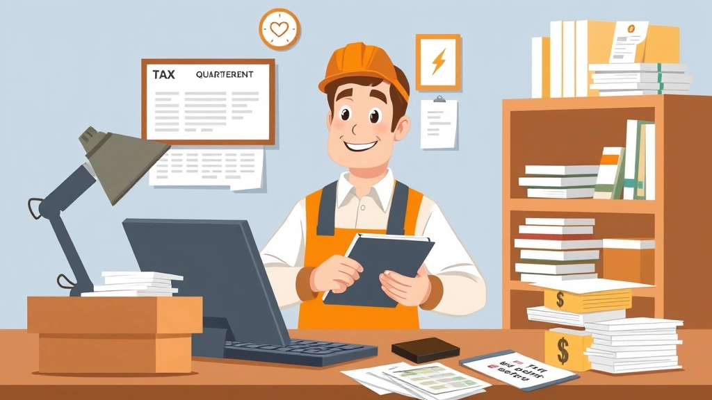 Contractor managing quarterly tax payments, health insurance, retirement accounts, and business expenses with organized filing system and calculator, cartoon style