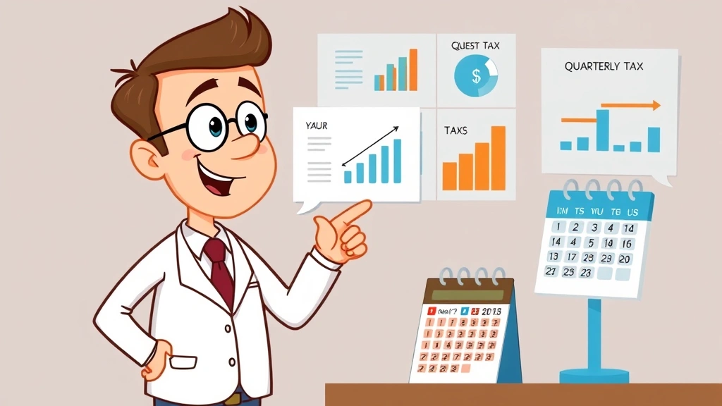 Cartoon accountant character explaining tax concepts with visual charts and graphs, pointing to calculator and calendar showing quarterly tax payment dates, friendly teaching style