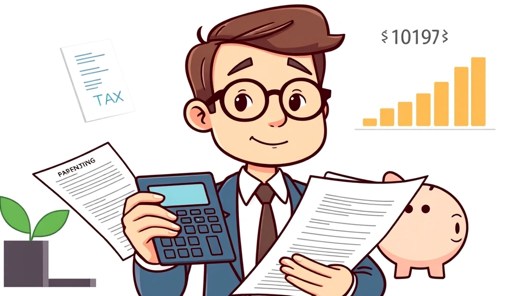 Cartoon business professional reviewing financial documents and tax forms, calculator showing numbers, piggy bank, and growth chart, representing 1099 financial planning and tax considerations