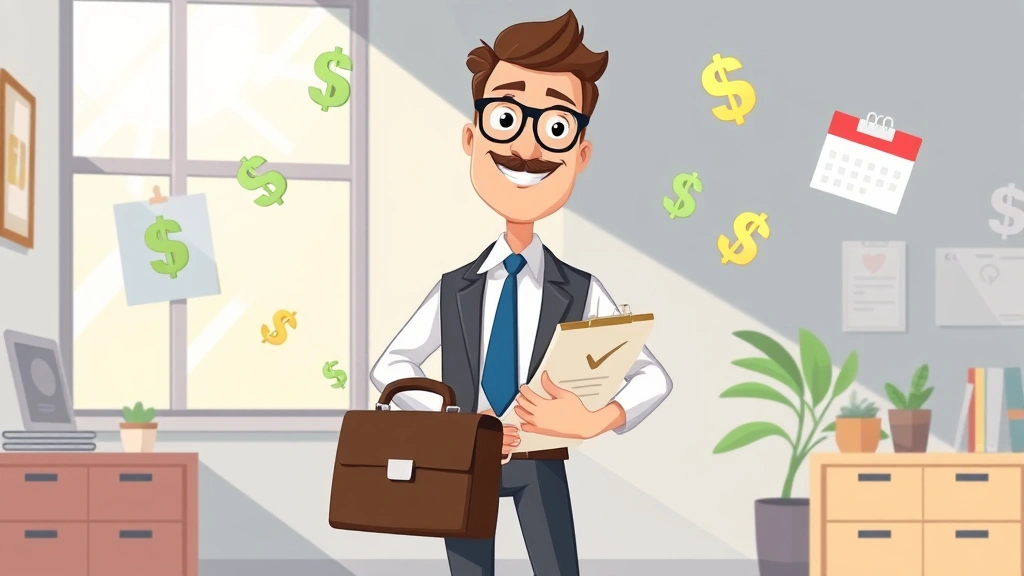 Cartoon independent contractor standing confidently with briefcase, checklist clipboard, dollar signs, calendar, and health insurance card symbols floating around them, sunny office environment