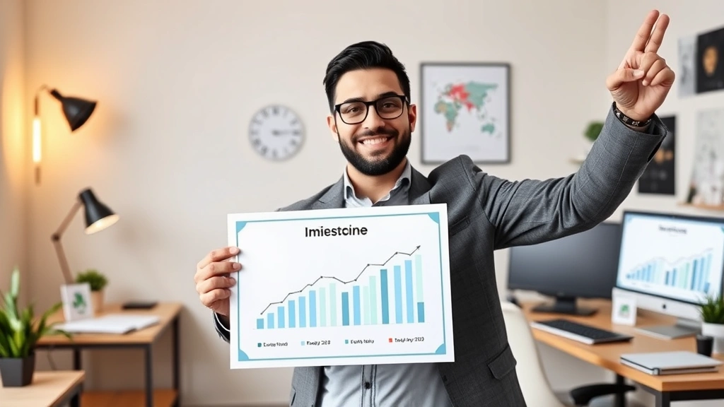 Successful independent contractor celebrating milestone achievement, holding certificate or award, charts showing income growth, professional home office setup with organized workspace