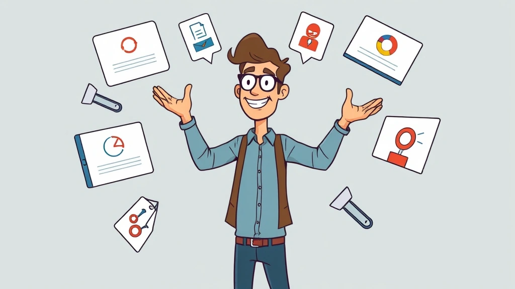 Cartoon image of freelancer juggling multiple projects, clients, and responsibilities with confident expression, showing the multitasking nature of independent contractor work