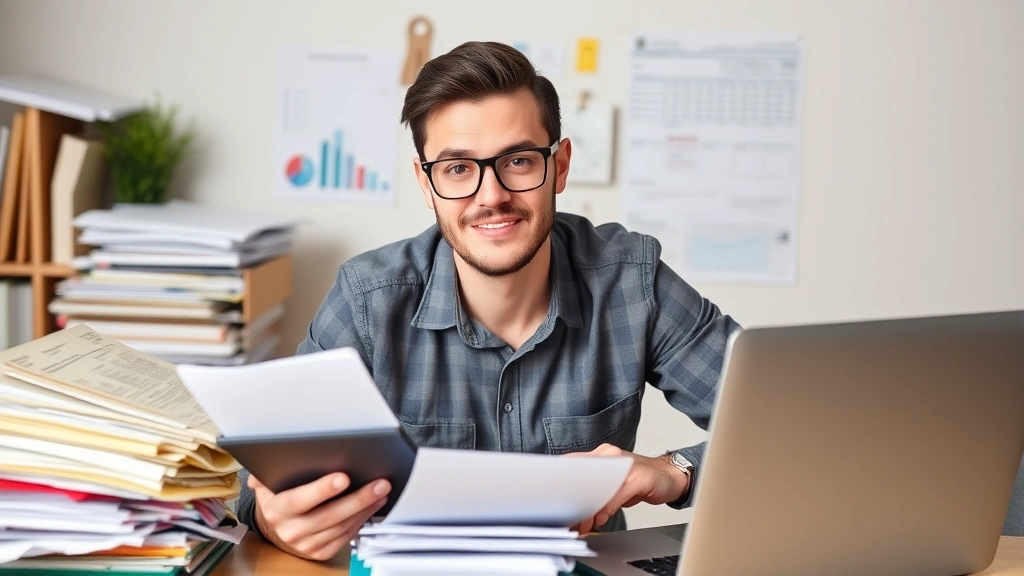 Self-employed professional organizing tax documents, receipts, and deductions into organized folders with calculator and laptop, focused expression showing financial management confidence