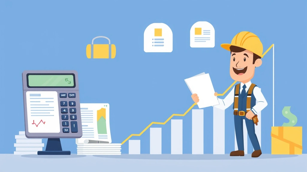 Contractor managing business finances with calculator, invoices, and growth chart showing increasing income over time, professional cartoon illustration