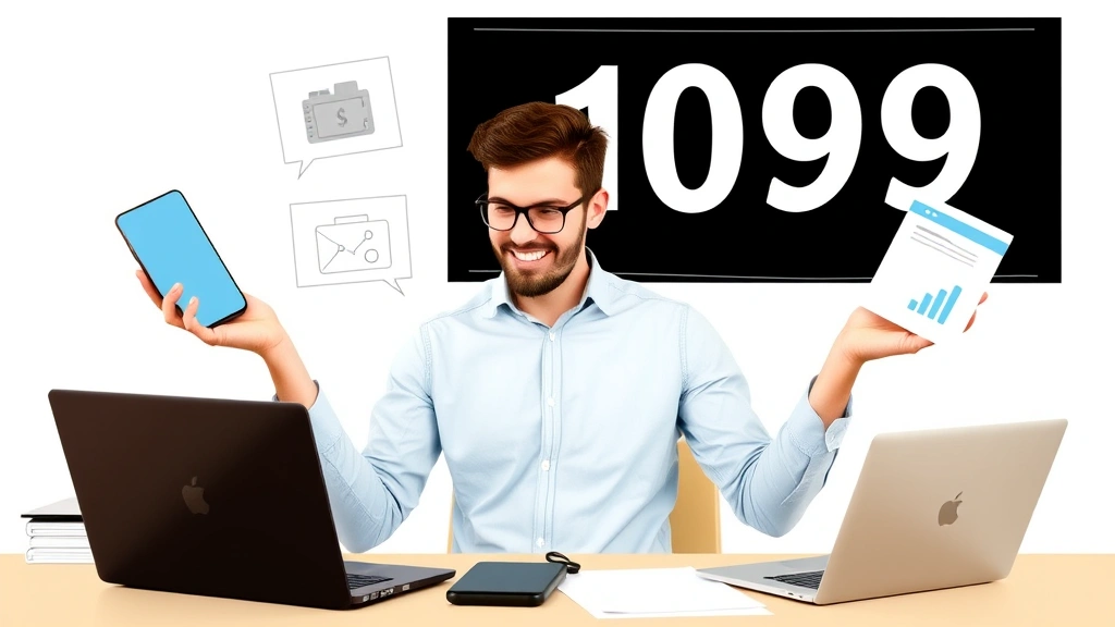 Diverse 1099 contractor working on multiple projects simultaneously, juggling laptops and client files, representing income diversification and flexibility of independent work