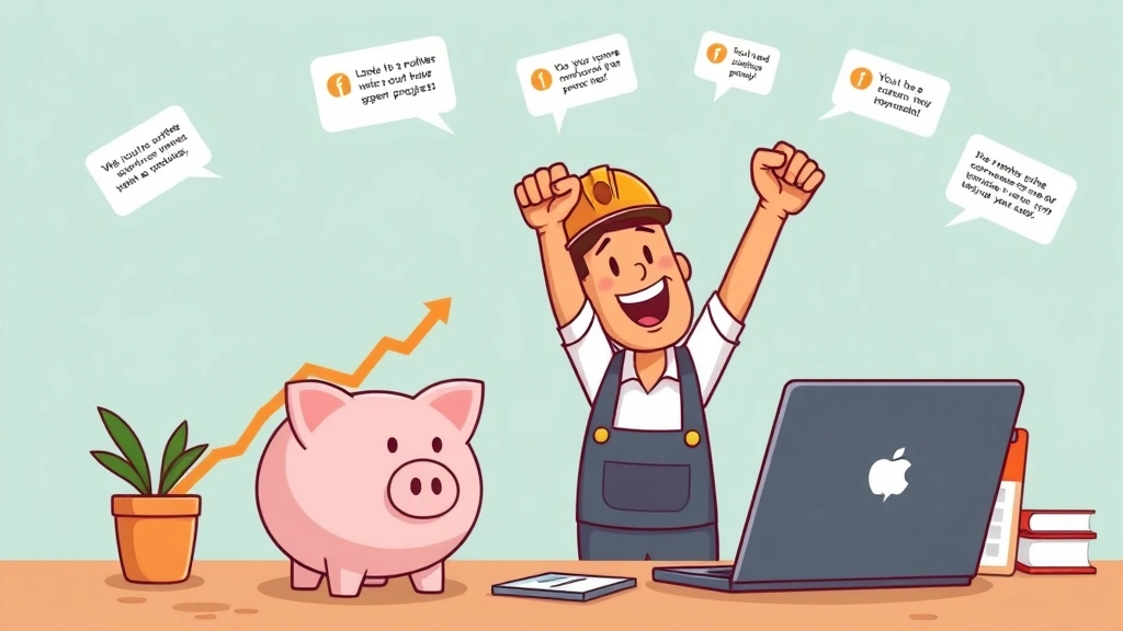 Cartoon contractor celebrating success with upward trending income graph, piggy bank, laptop, calendar showing booked projects, and satisfied client testimonials floating above, celebratory mood