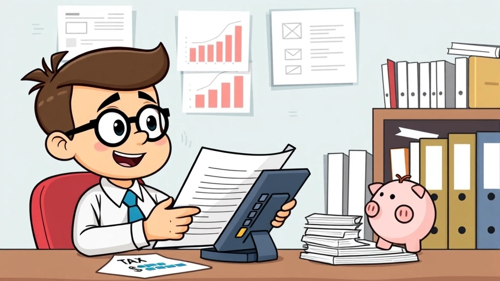 Cartoon character reviewing financial documents and tax forms with calculator, piggy bank, investment charts, organized filing system, confident expression, professional setting, no text or letters