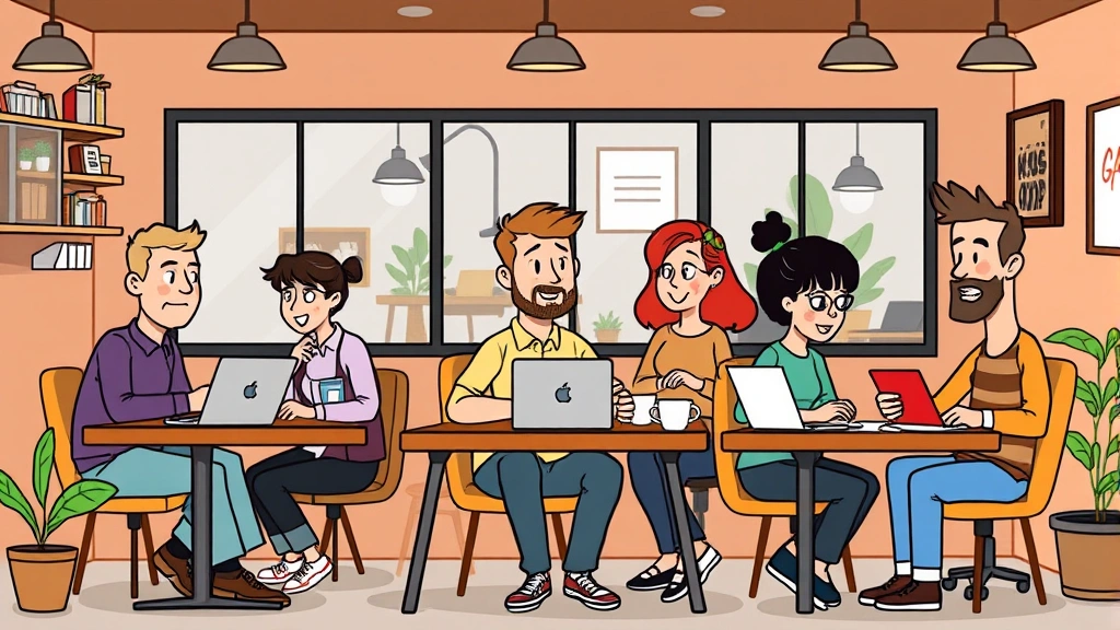 Cartoon diverse group of independent contractors working in different settings - coffee shop, home office, coworking space - each focused on their projects, representing flexibility and freedom of freelance work