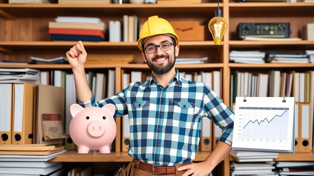 Contractor celebrating success with upward trending graph, piggy bank, calendar showing booked projects, tax forms organized in filing system, light bulb moments, confident pose
