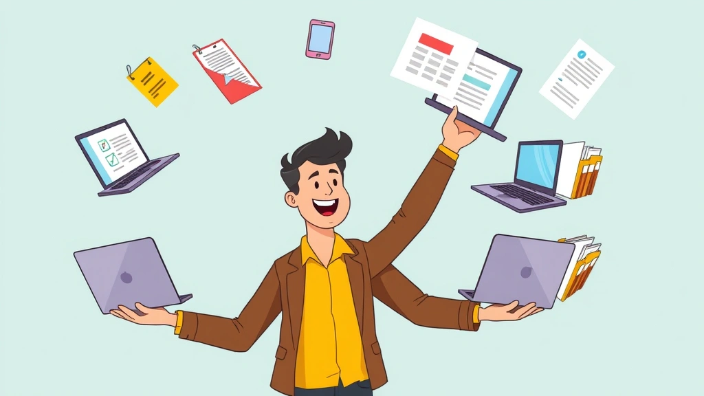 Cartoon illustration of person juggling multiple projects, laptops, and client files, showing multitasking and project management, dynamic composition with happy confident expression, modern professional aesthetic, no text