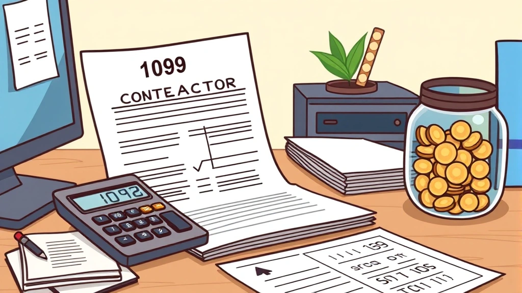 Financial planning scene with 1099 contractor organizing tax documents, calculator, and savings jar, organized desk workspace, friendly cartoon style